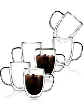6 Pack Double Walled Insulated Glass Coffee Mugs - 12oz Clear Cups for Latte